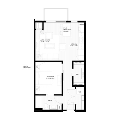 Floor plan for 1 bed, 1 bath, 714 sqft